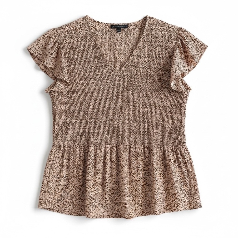 Adrianna Papell Pink Black Smocked Peplum Top Ruffle Sleeve  Womens S‎